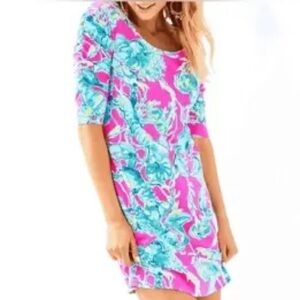 Lilly Pulitzer La Jolla dress medium Lobsters in Love ruched sleeves pink resort